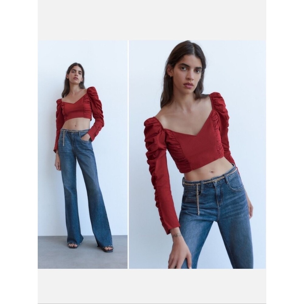 Zara Red Maroon Ruched Cropped Smocked Long Sleeve Top Small Cotton Spring Puff